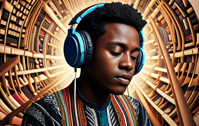 **
A musician deeply immersed in listening to diverse music genres through headphones, with visual elements representing classical, electronic, and world music subtly blended in the background. Focus on the expression of inspiration and active listening.
**