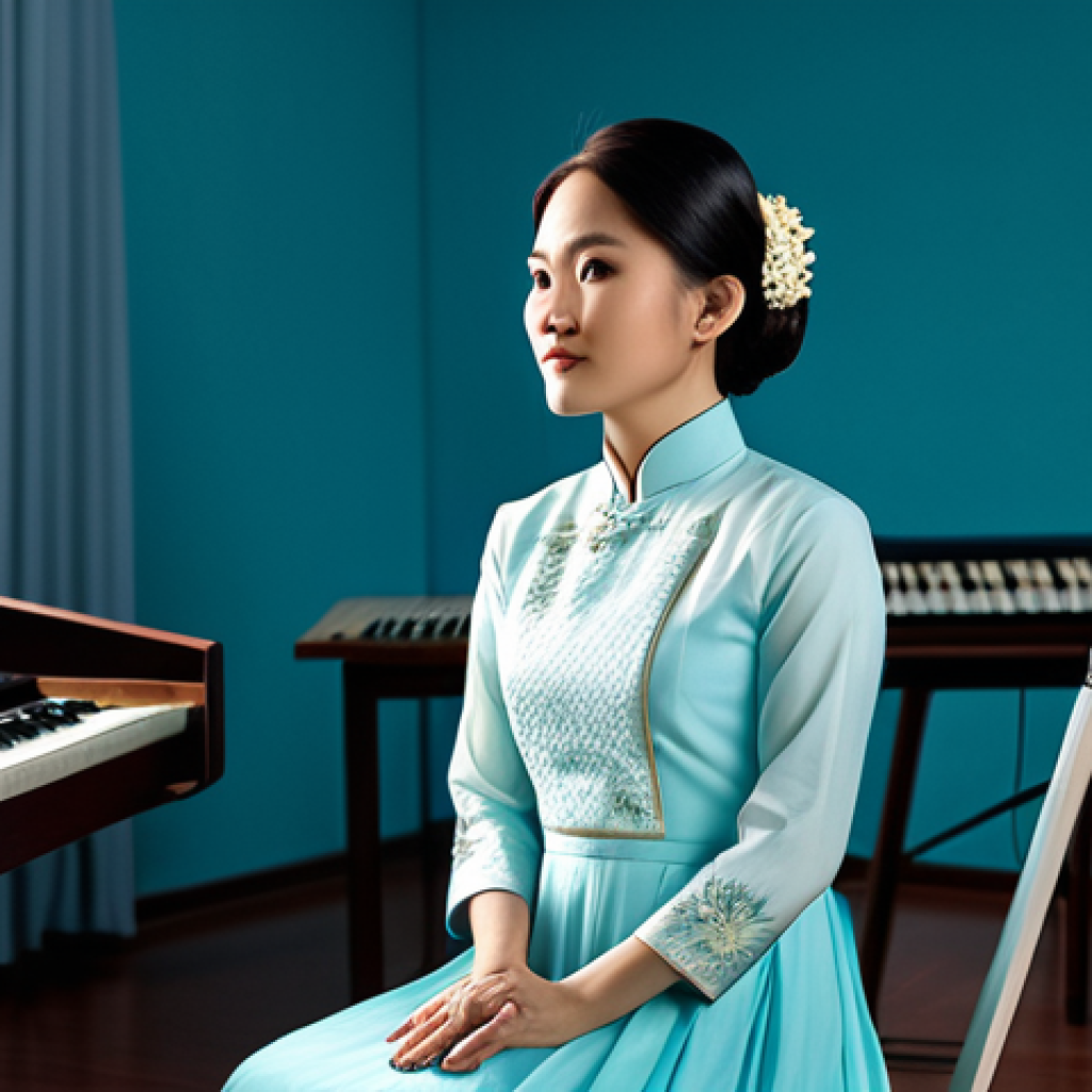**

A Vietnamese female musician, fully clothed in a modern Ao Dai, playing a traditional đ&agrave;n bầu in a sunlit recording studio, high-quality audio equipment visible in the background, perfect anatomy, natural pose, professional lighting, safe for work, appropriate content, modest attire, family-friendly.

**
