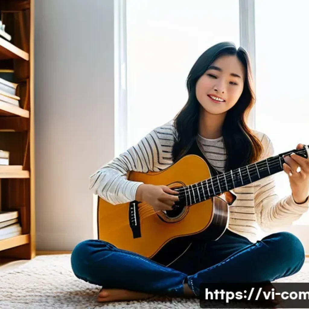 작곡가 산업의 미래 - **Prompt:** A young Vietnamese female musician, mid-20s, with long dark hair, wearing a comfortable ...