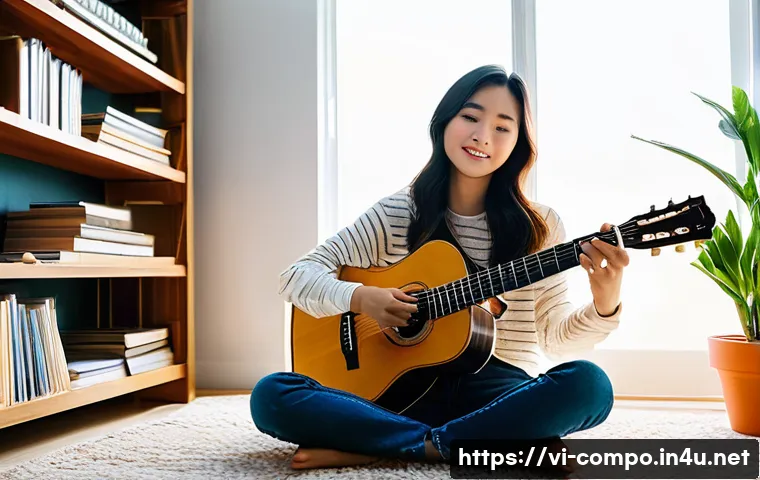 작곡가 산업의 미래 - **Prompt:** A young Vietnamese female musician, mid-20s, with long dark hair, wearing a comfortable ...