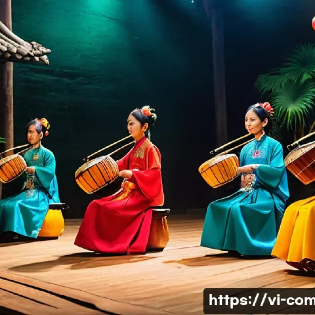 작곡가의 문화적 배경과 창작 - A vibrant Vietnamese folk music scene featuring musicians playing traditional instruments such as th...