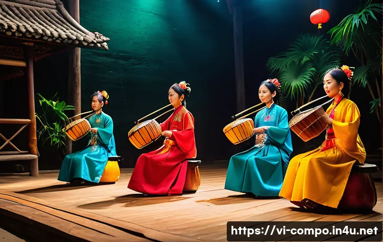 작곡가의 문화적 배경과 창작 - A vibrant Vietnamese folk music scene featuring musicians playing traditional instruments such as th...