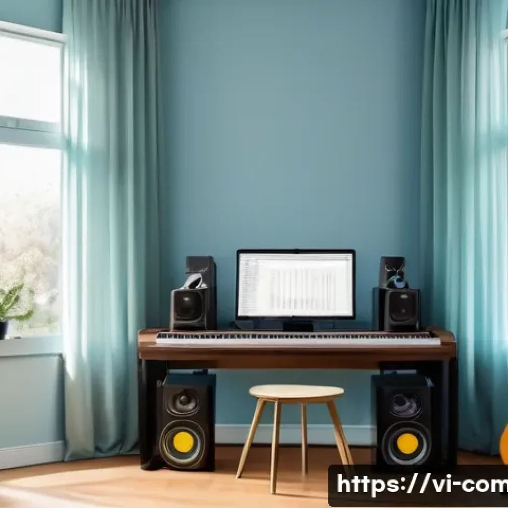 작곡가의 작업 환경 최적화 - A cozy modern music composer’s workspace bathed in soft natural daylight from a large window with sh...