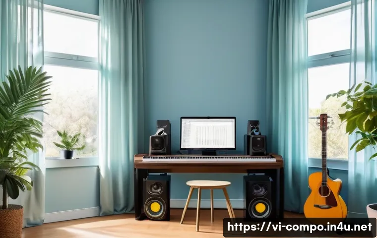 작곡가의 작업 환경 최적화 - A cozy modern music composer’s workspace bathed in soft natural daylight from a large window with sh...