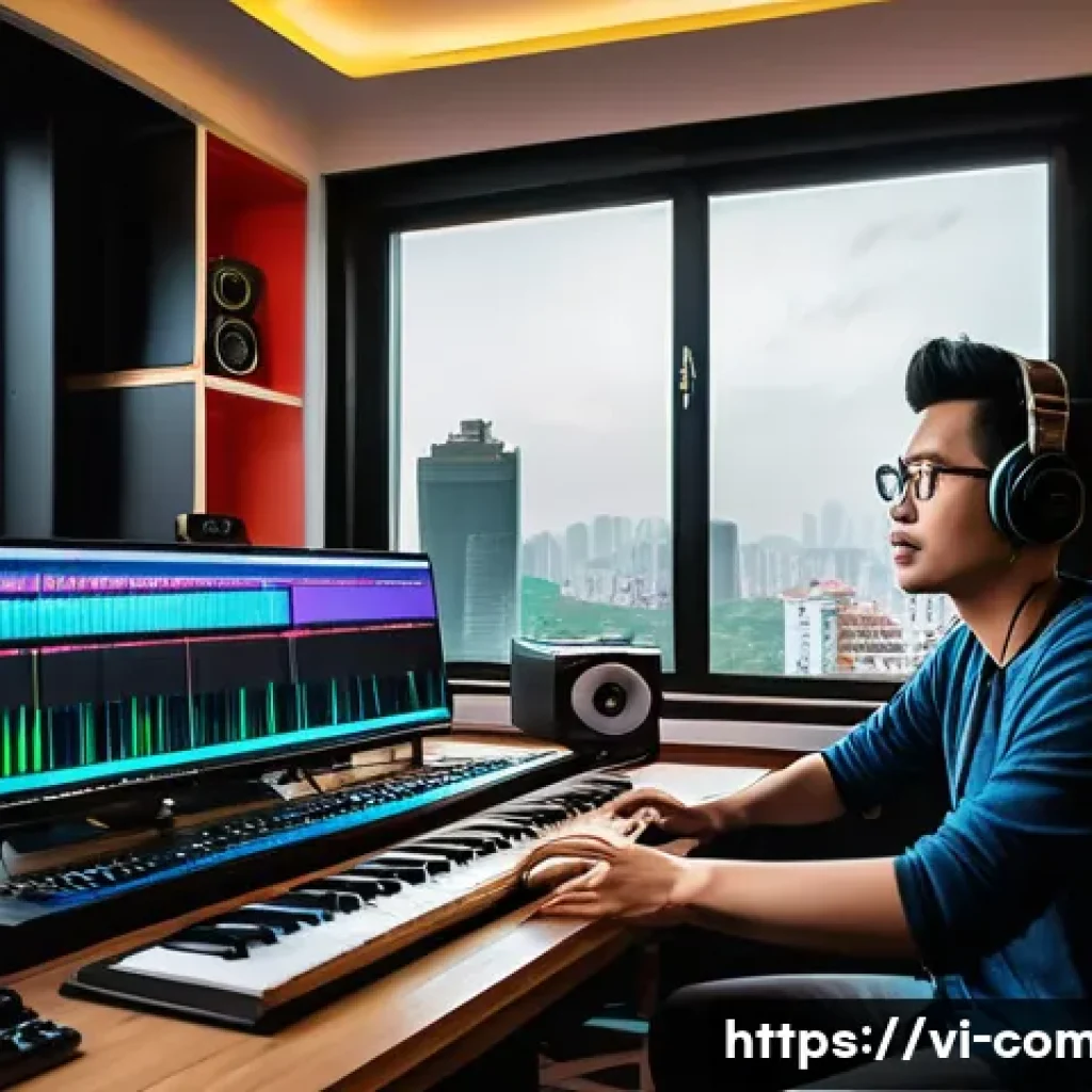 작곡가의 업계 전환기 - A modern Vietnamese music producer working creatively in a cozy home studio filled with high-tech au...
