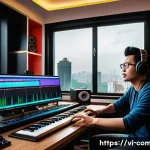 작곡가의 업계 전환기 - A modern Vietnamese music producer working creatively in a cozy home studio filled with high-tech au...
