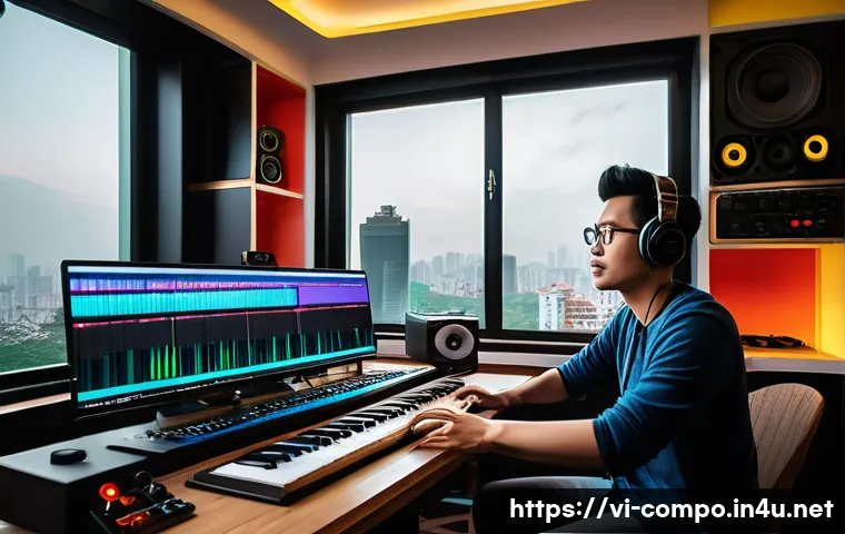 작곡가의 업계 전환기 - A modern Vietnamese music producer working creatively in a cozy home studio filled with high-tech au...