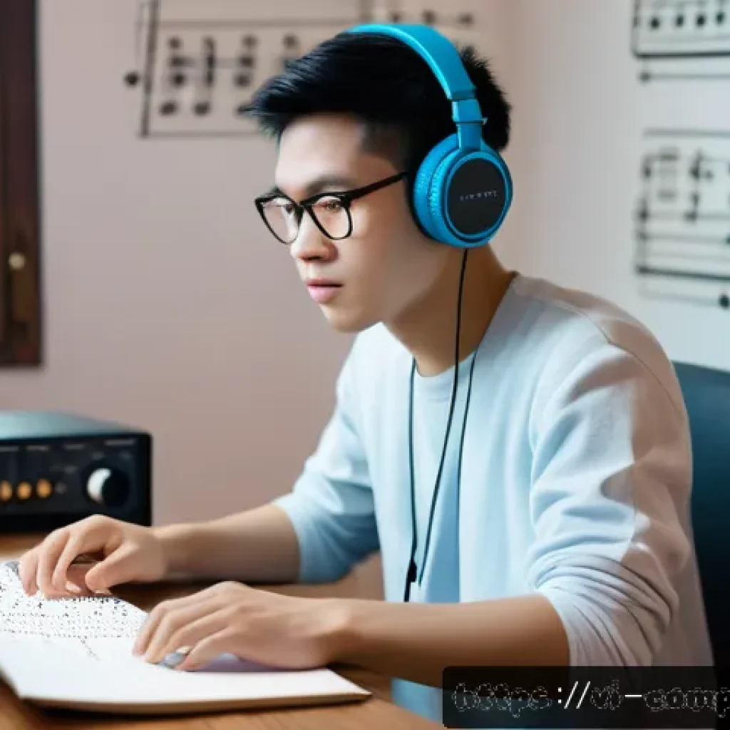 작곡가의 실무 교육 경험 - A focused young Vietnamese music student sitting in a cozy, well-lit room filled with traditional Vi...