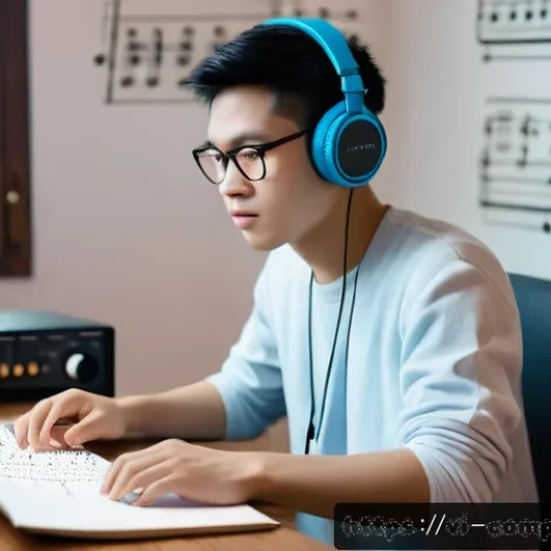 작곡가의 실무 교육 경험 - A focused young Vietnamese music student sitting in a cozy, well-lit room filled with traditional Vi...