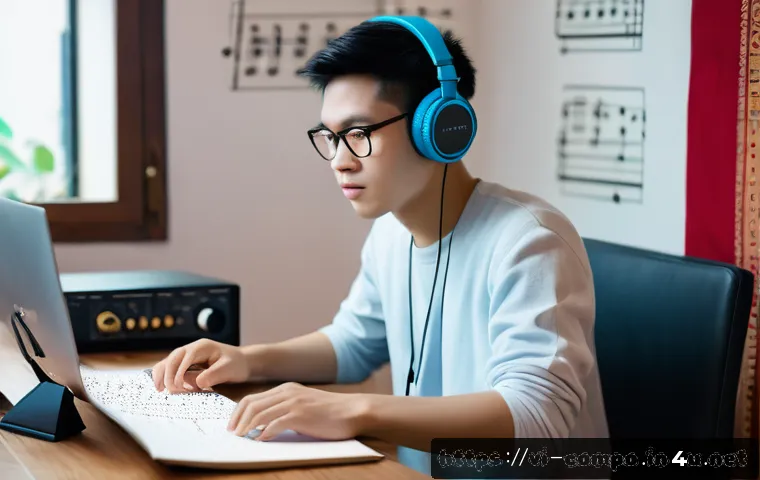 작곡가의 실무 교육 경험 - A focused young Vietnamese music student sitting in a cozy, well-lit room filled with traditional Vi...