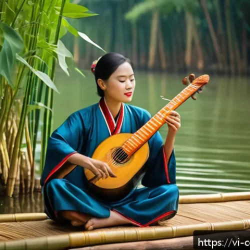 작곡가의 음악적 영감 찾기 - A Vietnamese traditional music scene featuring a skilled musician playing a đ&agrave;n bầu and đ&agrave;n tranh, s...