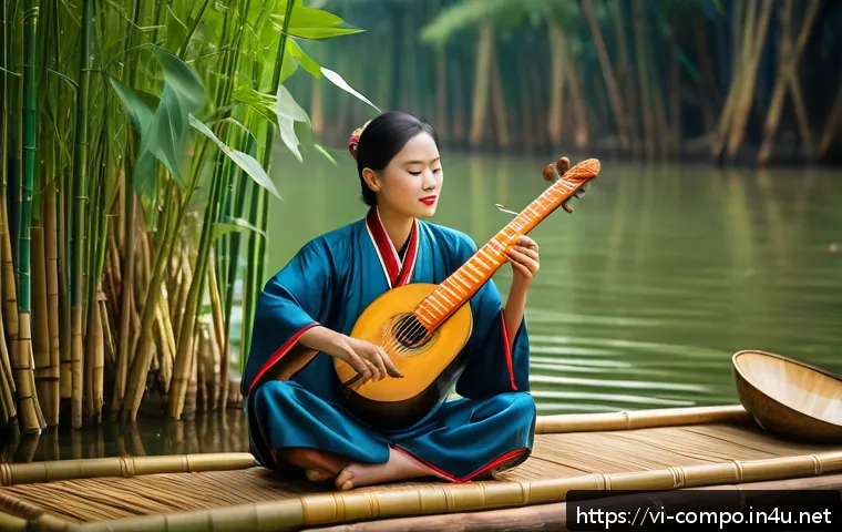 작곡가의 음악적 영감 찾기 - A Vietnamese traditional music scene featuring a skilled musician playing a đàn bầu and đàn tranh, s...