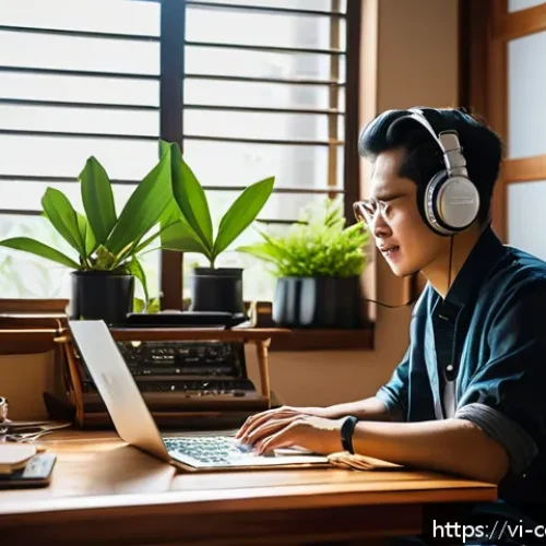 작곡가의 업무 진행 관리 - A Vietnamese musician working in a cozy, well-lit home studio with natural sunlight streaming throug...