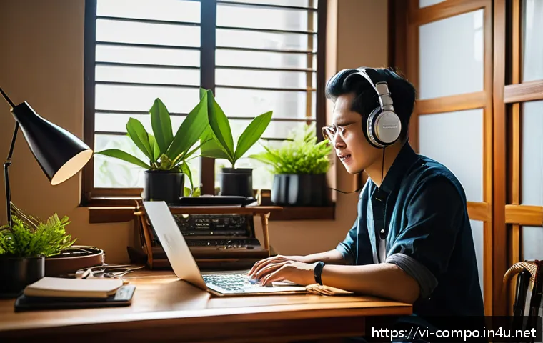 작곡가의 업무 진행 관리 - A Vietnamese musician working in a cozy, well-lit home studio with natural sunlight streaming throug...