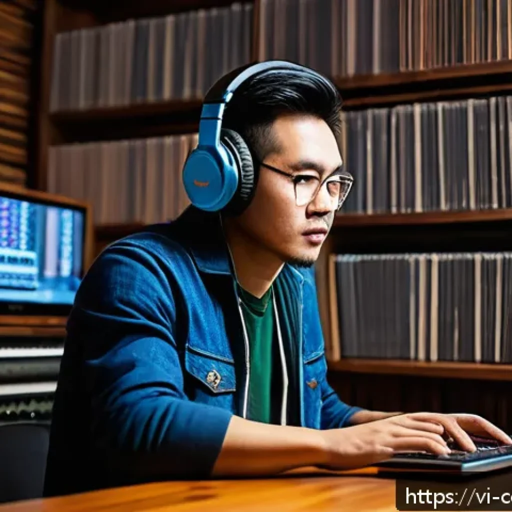작곡가 이직을 위한 준비 사항 - A Vietnamese male music producer in his 30s, wearing casual modern clothes and headphones, working i...
