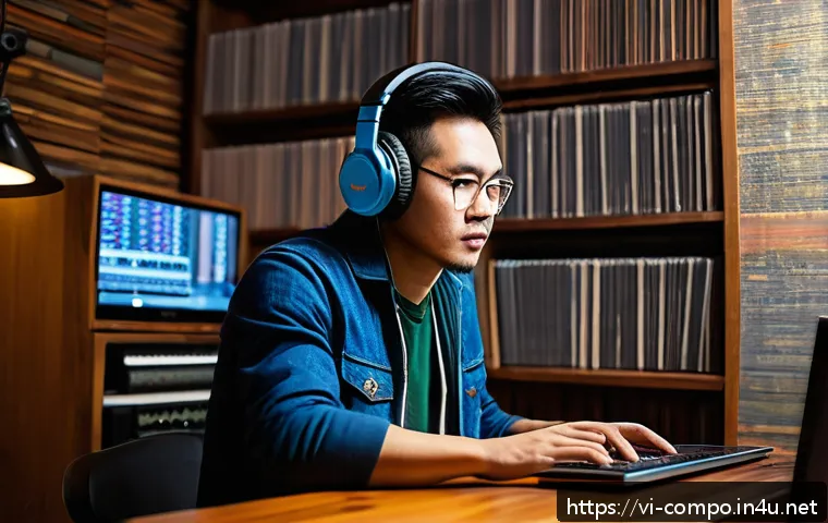 작곡가 이직을 위한 준비 사항 - A Vietnamese male music producer in his 30s, wearing casual modern clothes and headphones, working i...