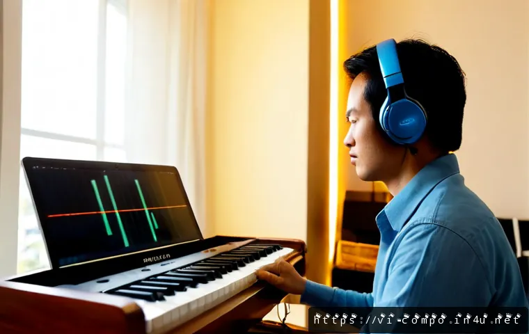 작곡가의 작품 퀄리티 향상 전략 - Photorealistic Vietnamese music composer in a warm modern home studio in Ho Chi Minh City, carefully...