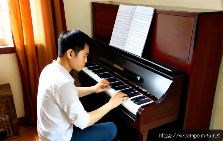 작곡가의 자격증 실기 준비 - Photorealistic Vietnamese young adult composer preparing for a practical music certification exam, s...