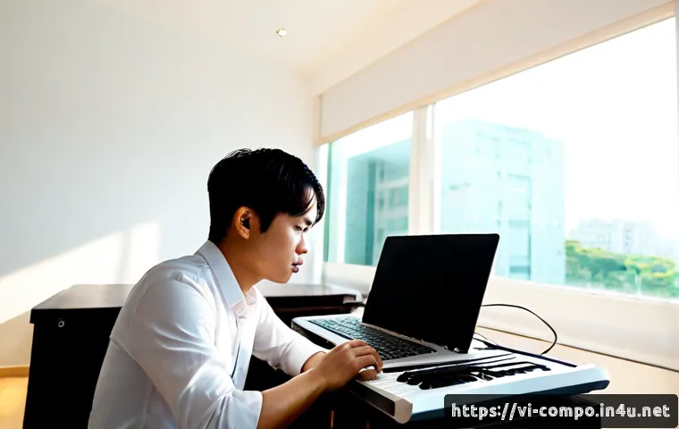Home 15 작곡가 업계의 변화에 대응하기 - Photorealistic Vietnamese music composer in a bright modern home studio in Ho Chi Minh City, thought...